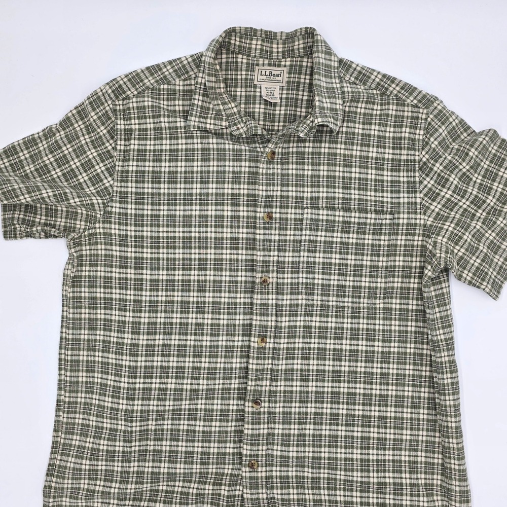 LL Bean Mens Medium Green White Plaid Short Sleeve Cotton Linen Button Up Shirt
